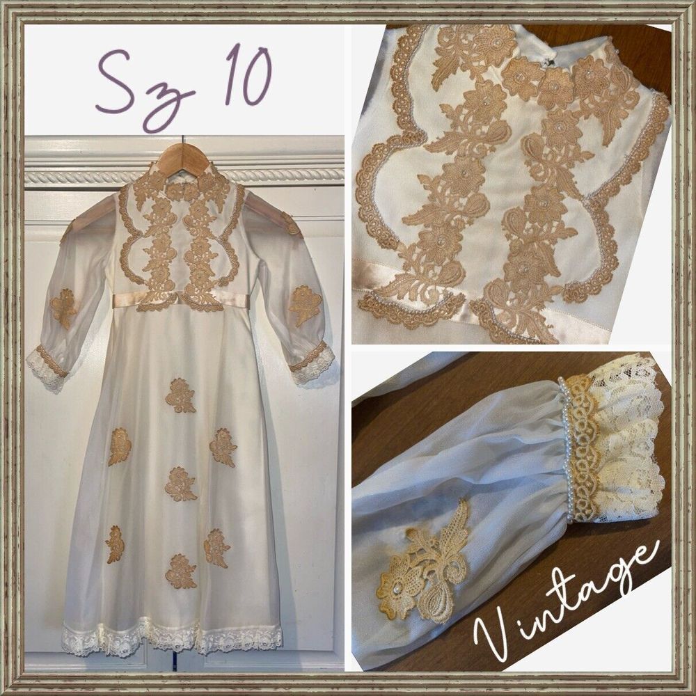 Handmade Vintage Dress Girls 10 Yellowing Cottage Core Lace Wedding Pearls